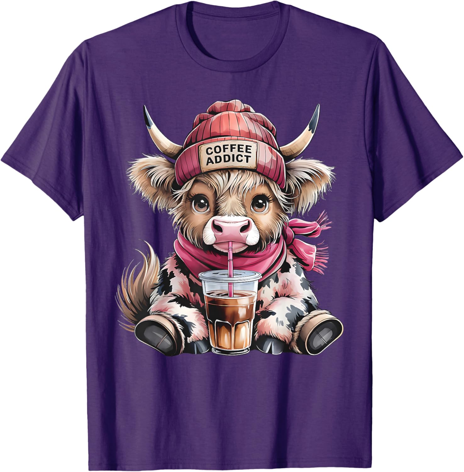 Cute Highland Cow Coffee Addict T-Shirt for Women with Beanie Hat - 1
