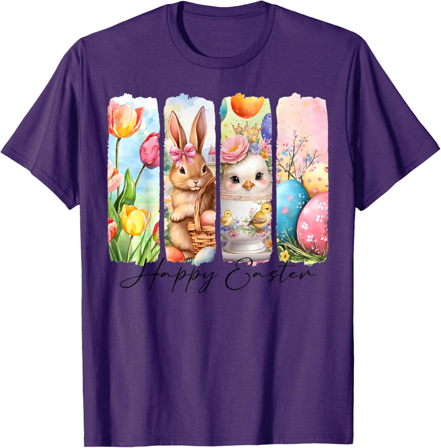 Retro Happy Easter Bunny and Chick T-Shirt with Floral Design - 17