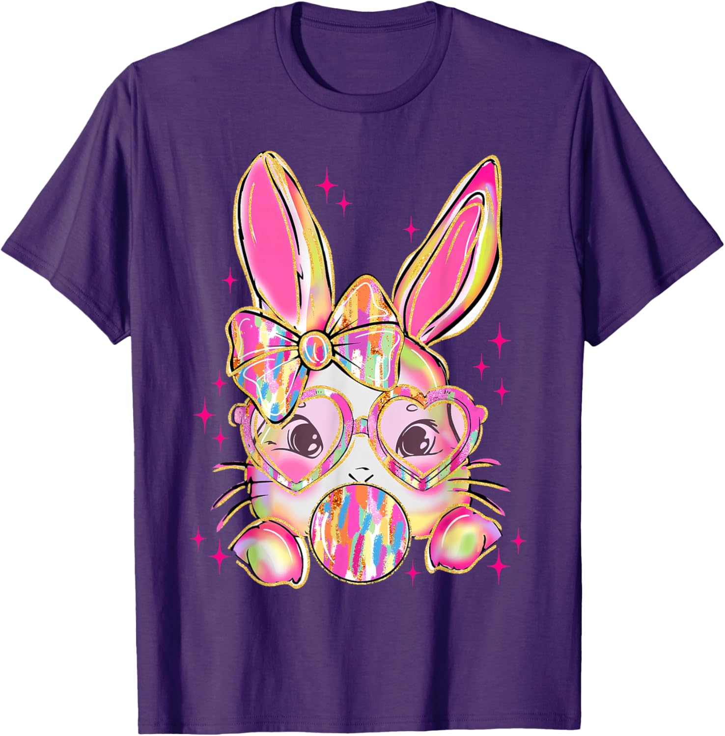 Cute Brushstroke Bunny Blowing Bubble Gum Easter Bow T-Shirt for Kids - 17