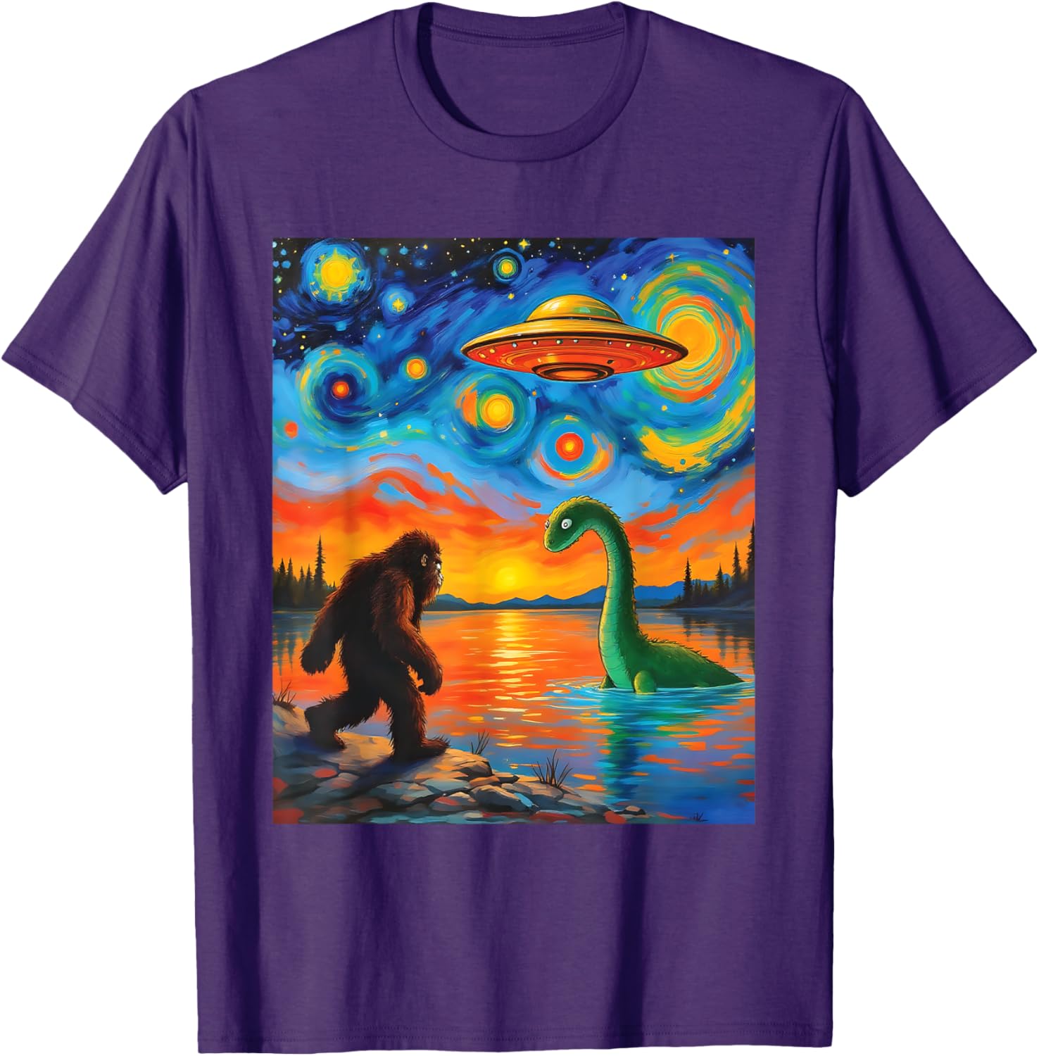 Bigfoot UFO Alien Encounter T-Shirt Inspired by Van Gogh's Starry Night - 1