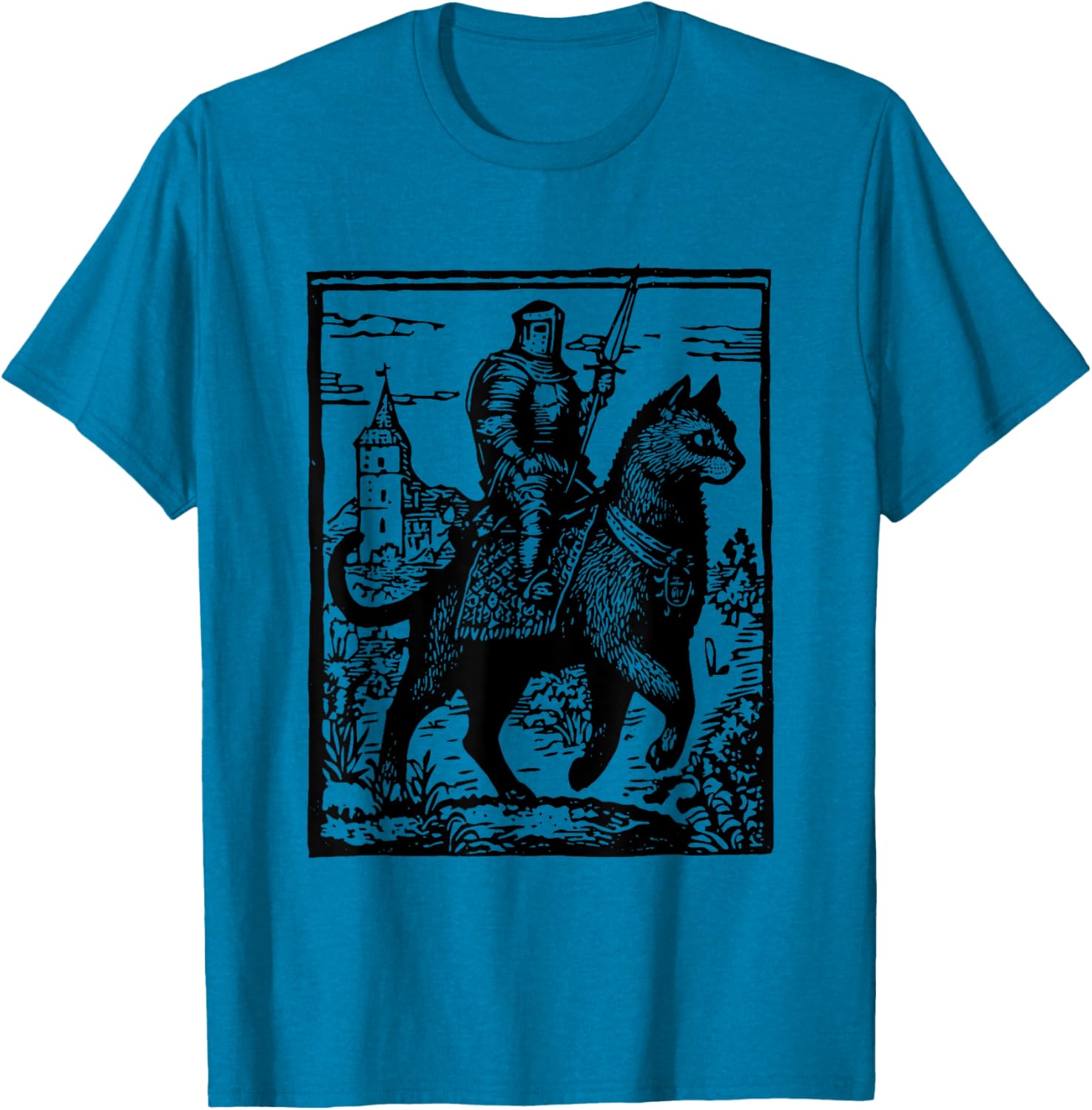 Funny 90s Knight Cat Rider T-Shirt | Retro Dark Art Cat Meme Tee - 18