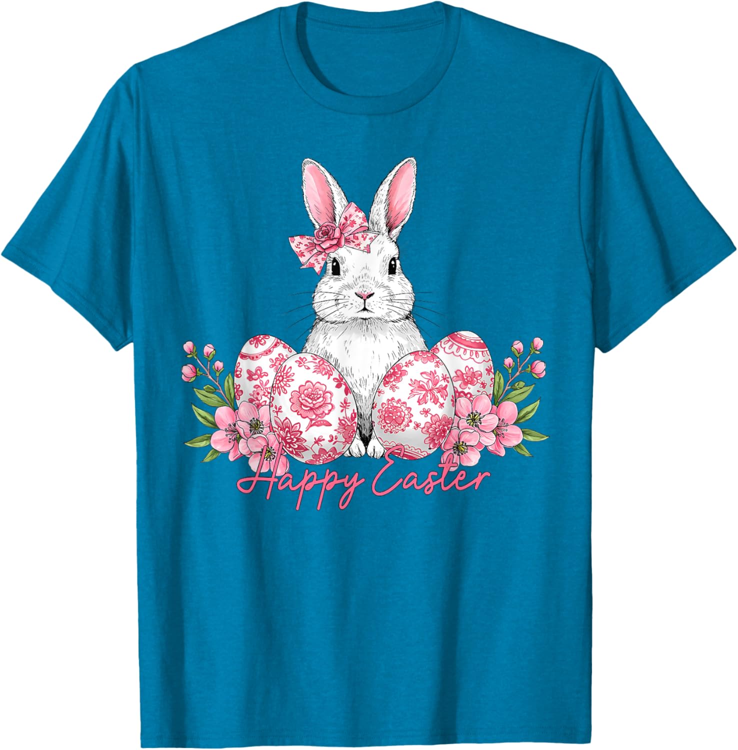 Happy Easter Chinoiserie Floral Bunny Bow T-Shirt for Festive Style - 17