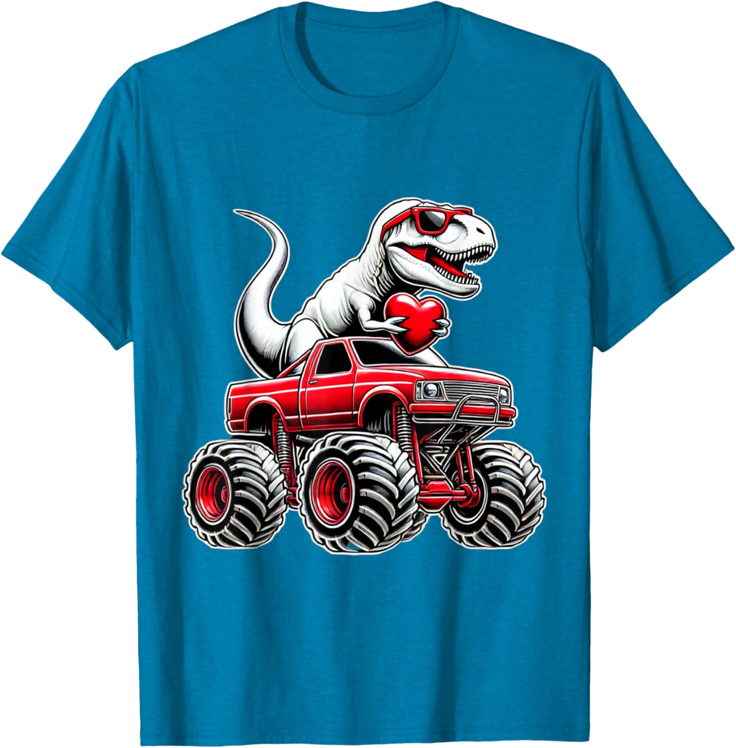 Funny T Rex Riding Monster Truck T-Shirt for Boys Celebrating Valentine's Day - 2