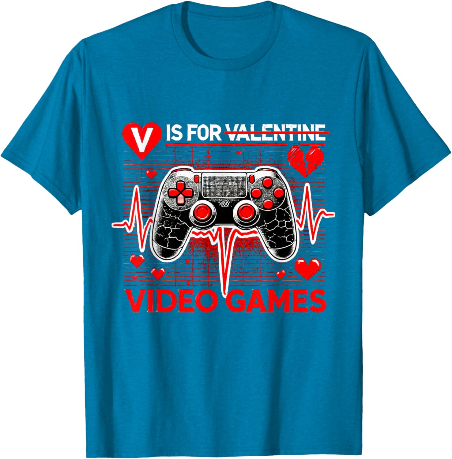 V Is For Video Games Heartbeat Valentine's Day T-Shirt for Gamers - 16