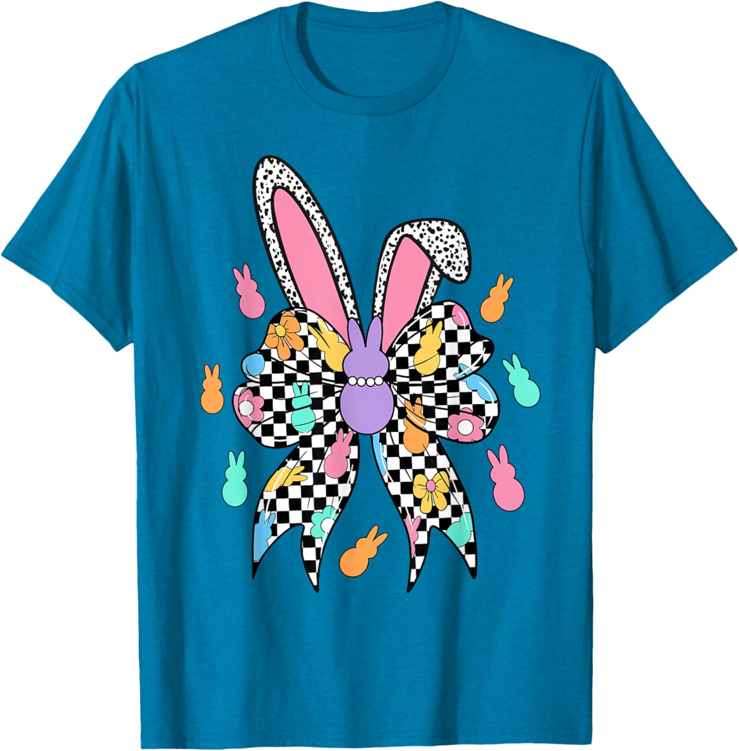 Happy Easter Checkered Bunny Bow Ears T-Shirt for Women and Girls - 23
