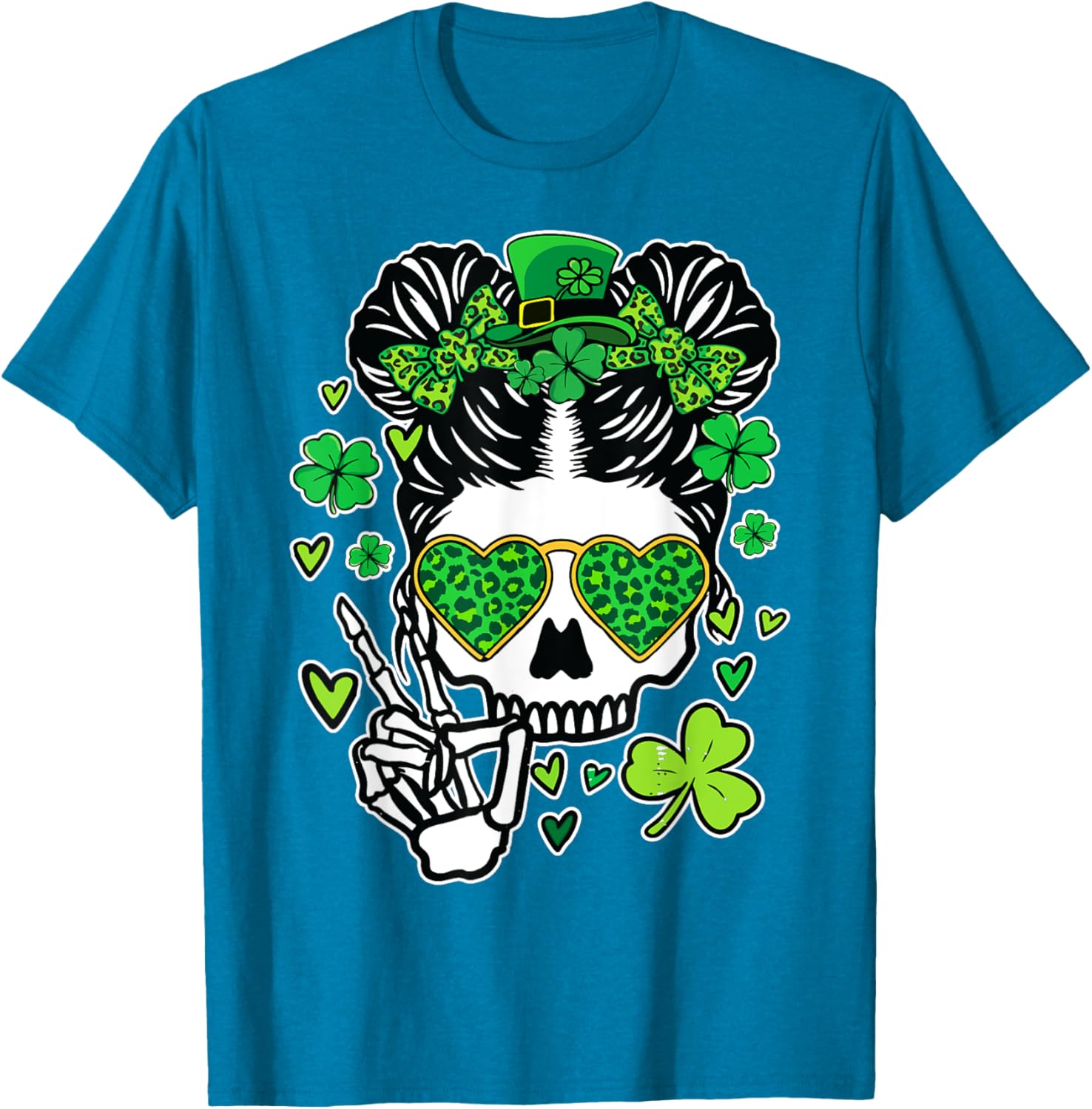 St Patrick's Day Skull Messy Bun Women’s T-Shirt for Festive Style - 5