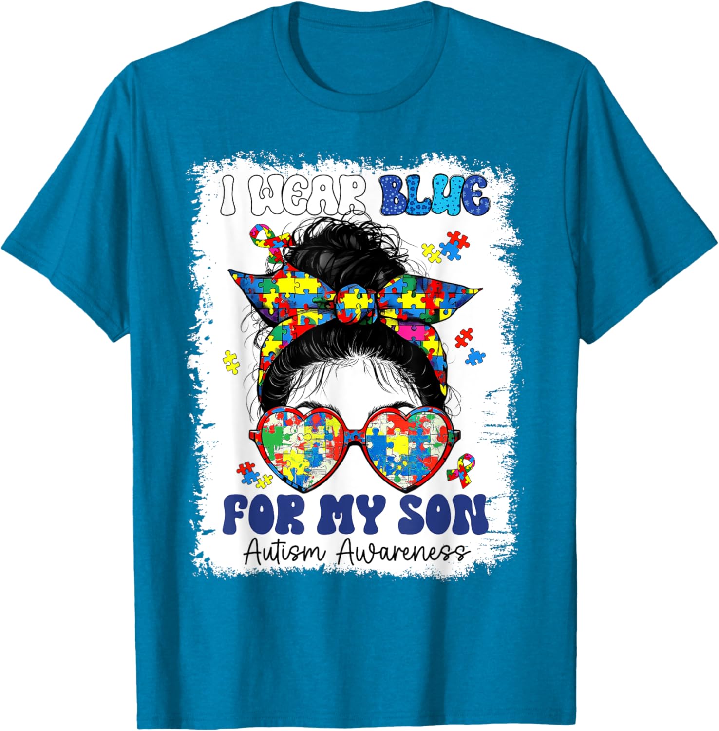 Mom Messy Bun Autism Awareness Puzzle T-Shirt for Proud Mothers - 14