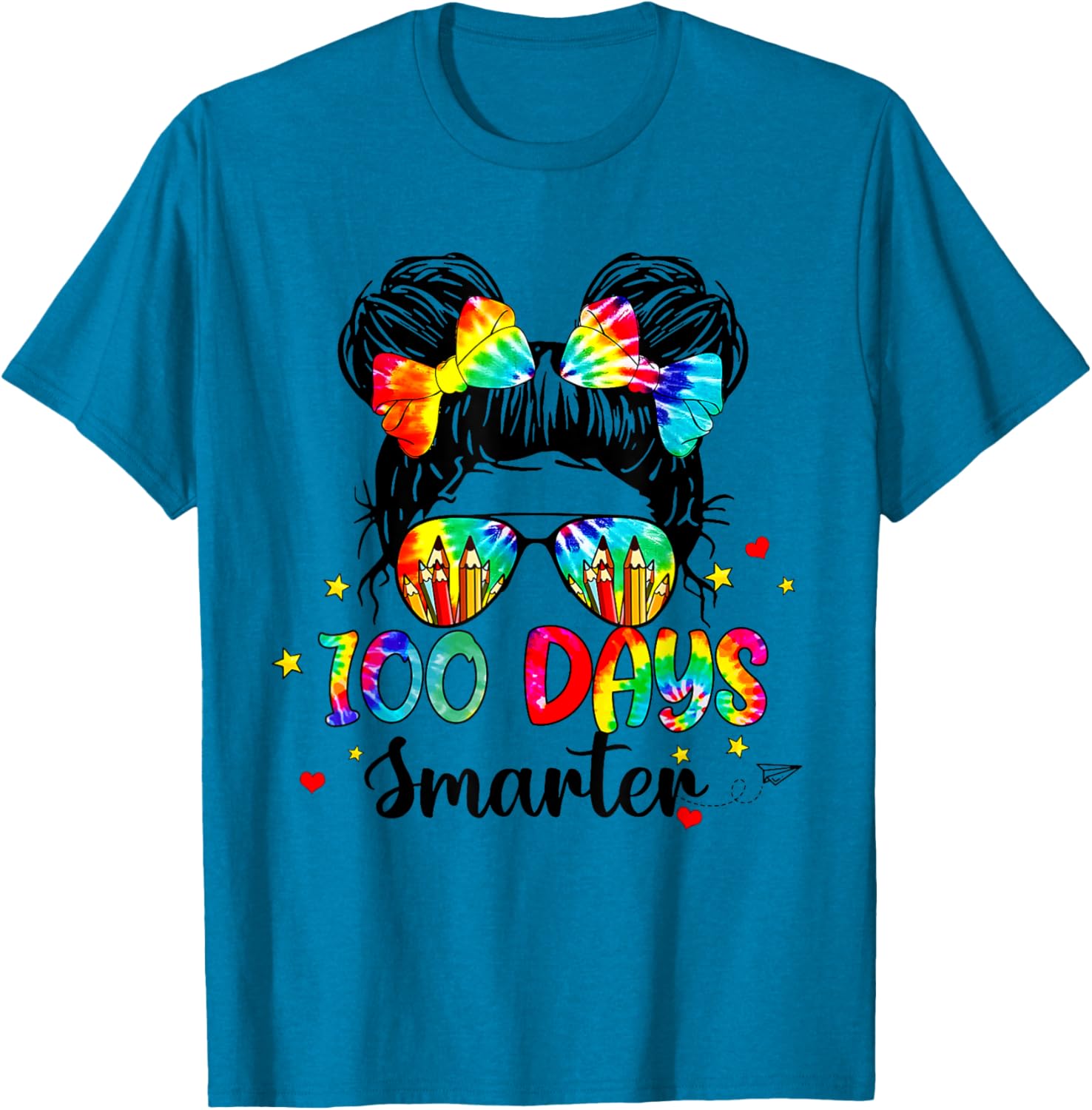 Cute Tie Dye Messy Bun 100 Days of School Shirt for Kids - 1