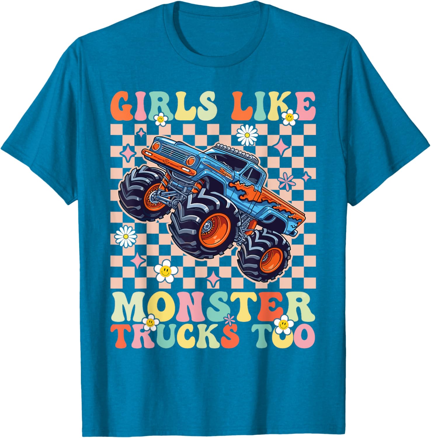 Funny Girls Love Monster Trucks Too Pink T-Shirt for Kids and Teens - 7