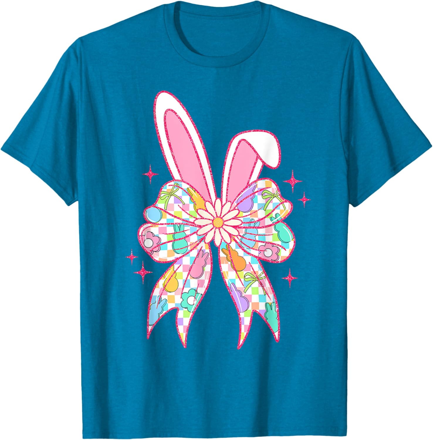 Groovy Checkered Bunny Bow Ears T-Shirt for Girls and Teens - 1