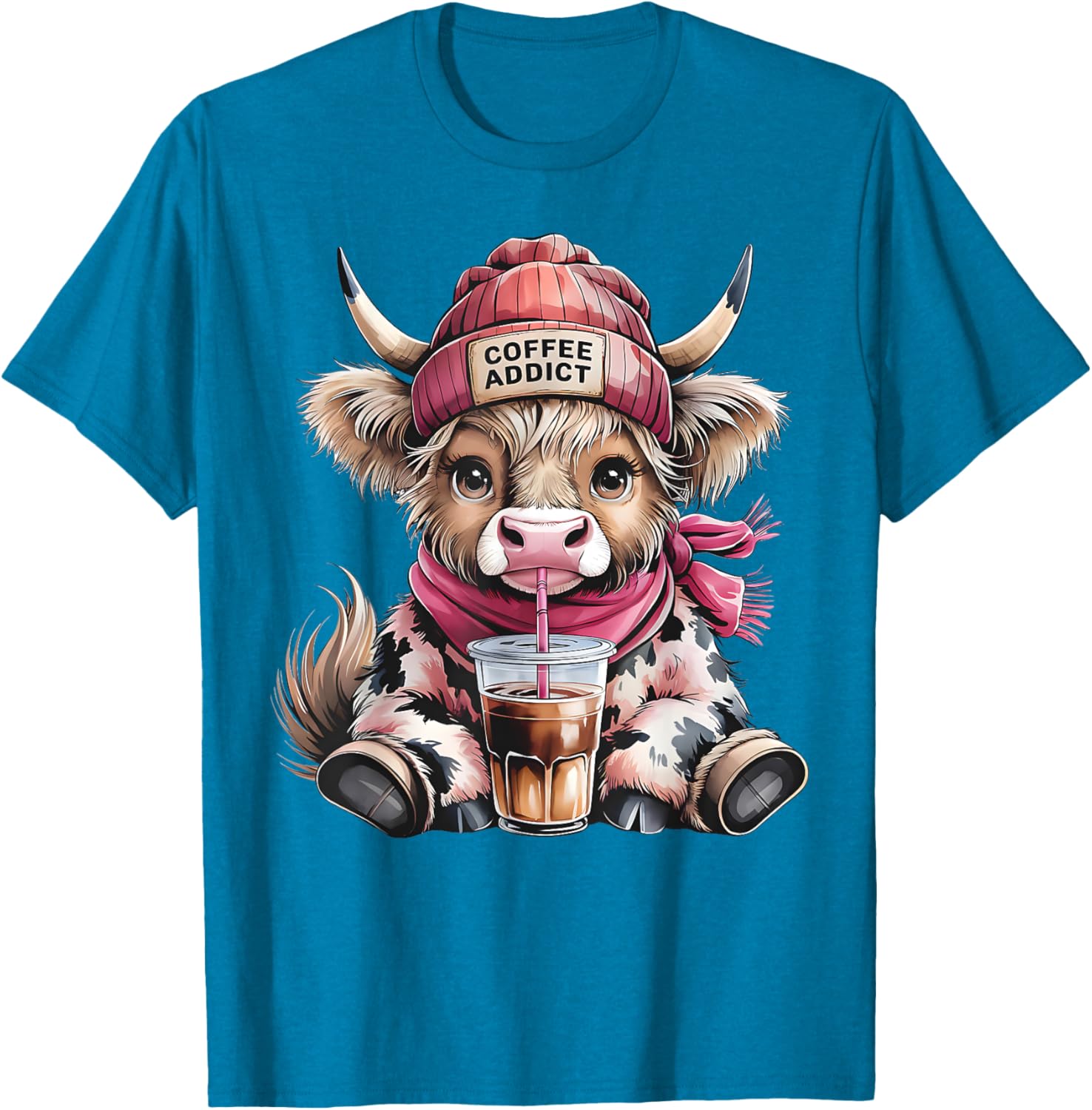 Cute Highland Cow Coffee Addict T-Shirt for Women with Beanie Hat - 5