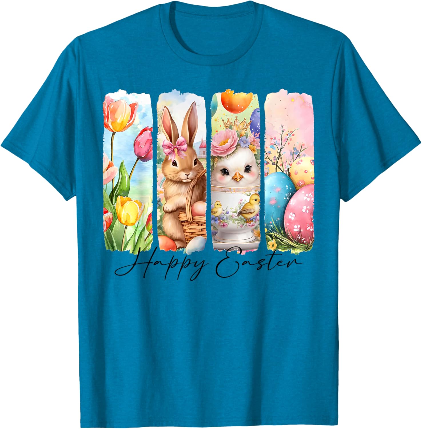 Retro Happy Easter Bunny and Chick T-Shirt with Floral Design - 6