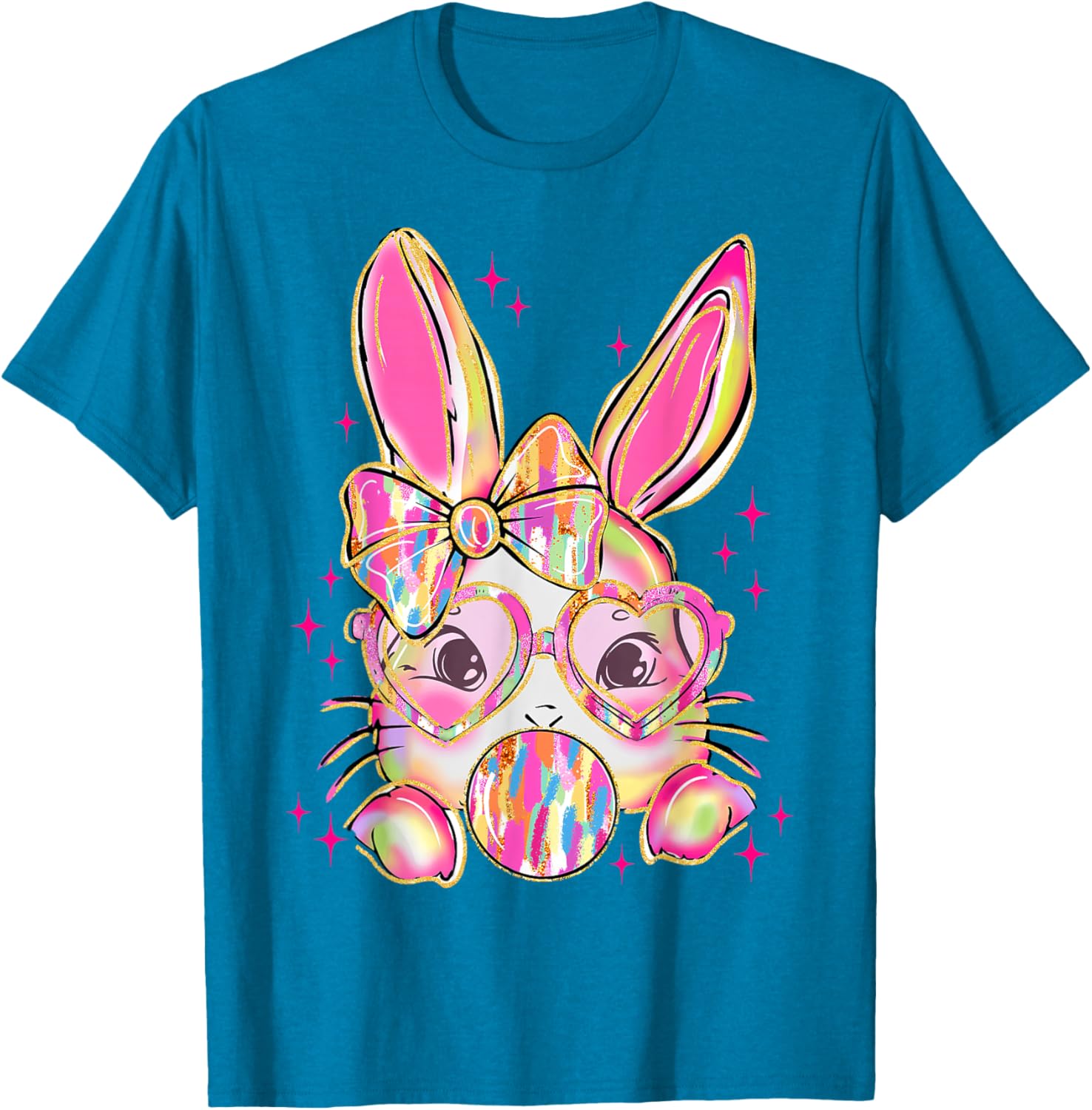 Cute Brushstroke Bunny Blowing Bubble Gum Easter Bow T-Shirt for Kids - 11