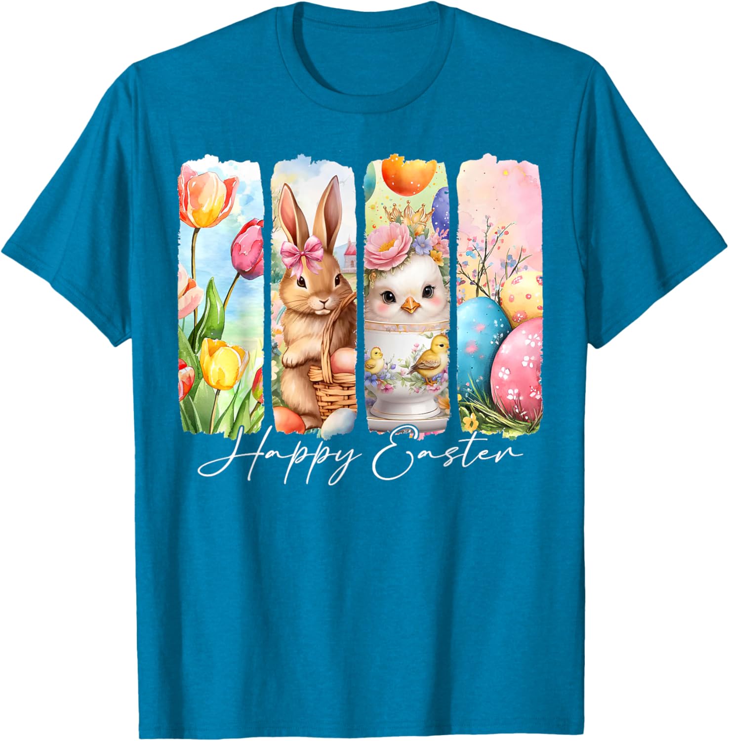 Retro Bunny and Chick Happy Easter T-Shirt with Floral Design - 4
