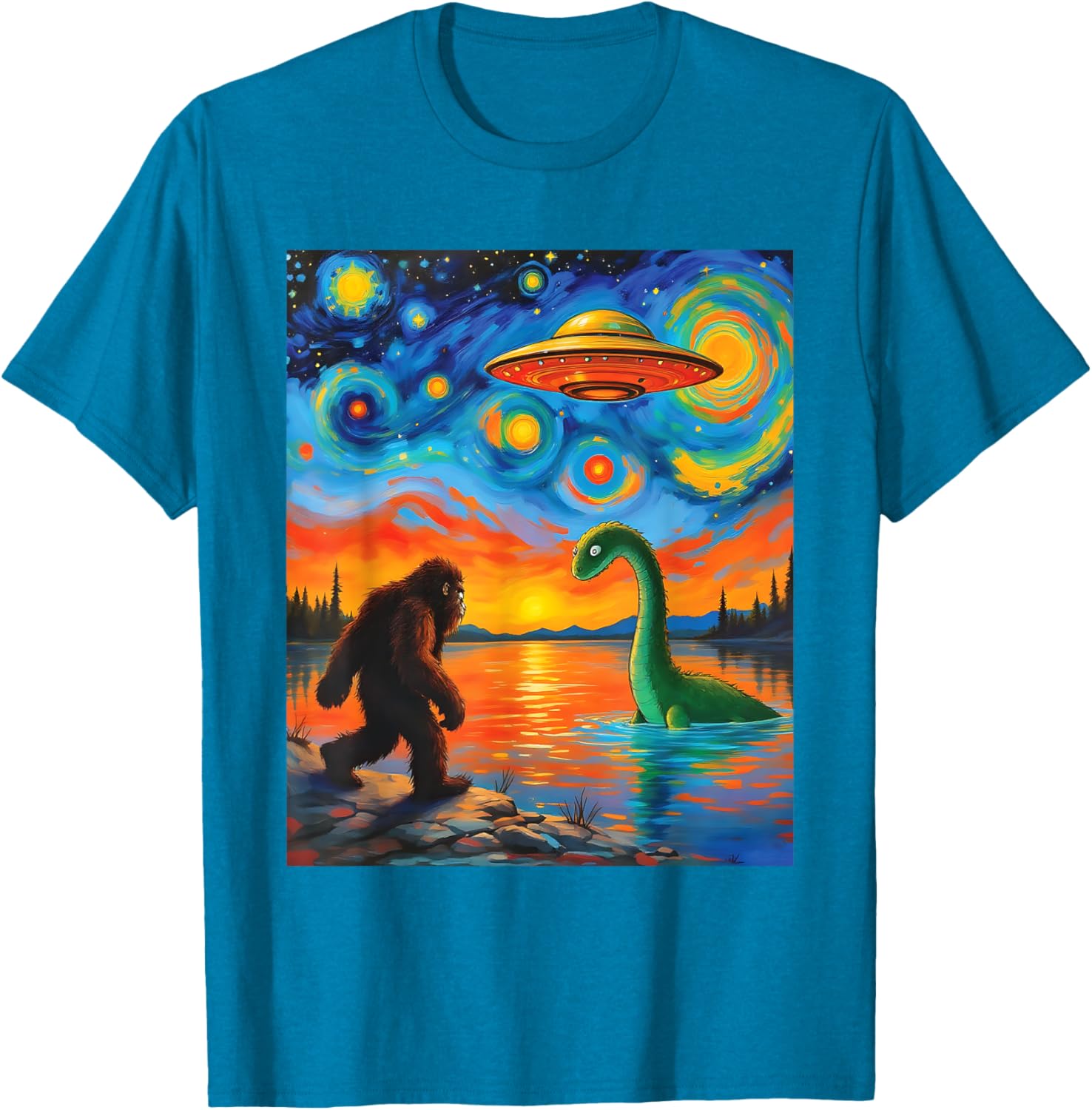 Bigfoot UFO Alien Encounter T-Shirt Inspired by Van Gogh's Starry Night - 8