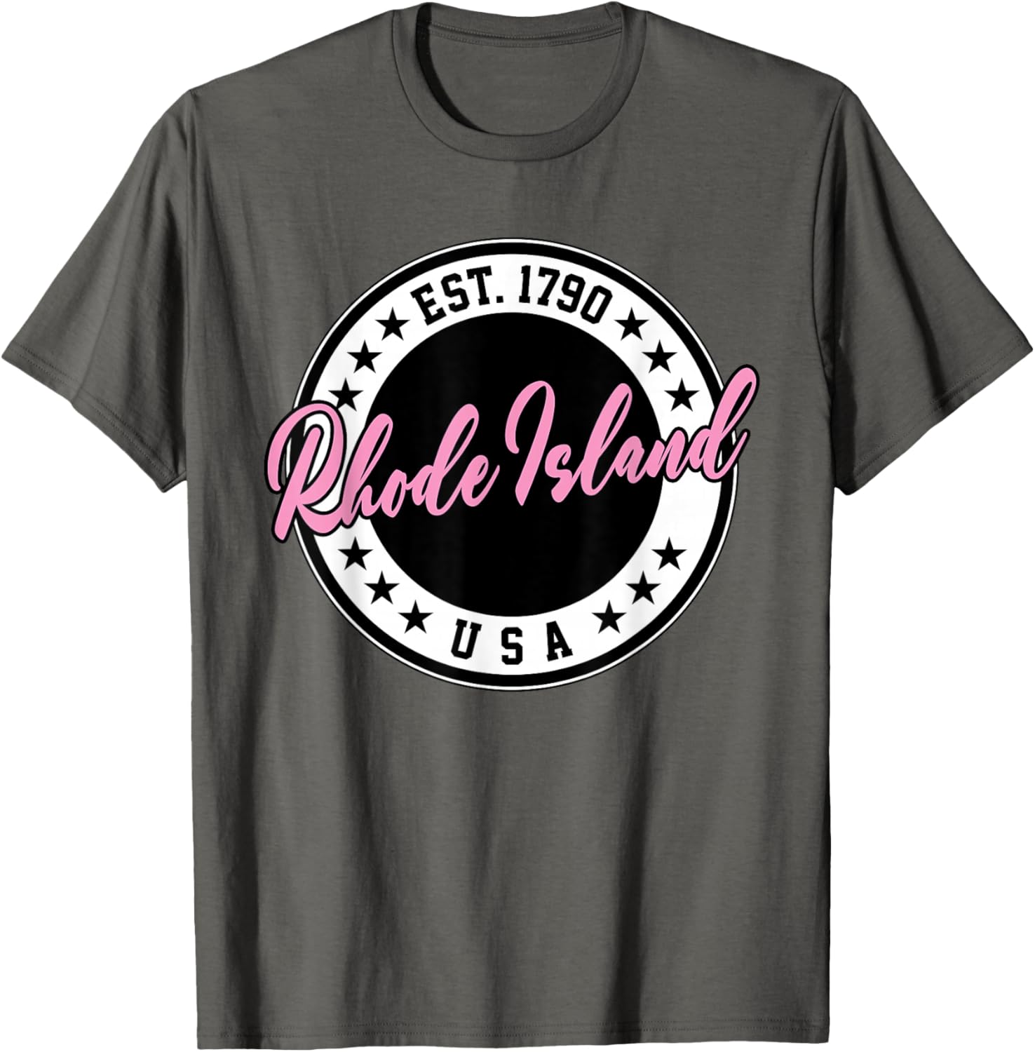 Rhode Island USA Script Circle Pink Text T-Shirt for Stylish Comfort - 10
