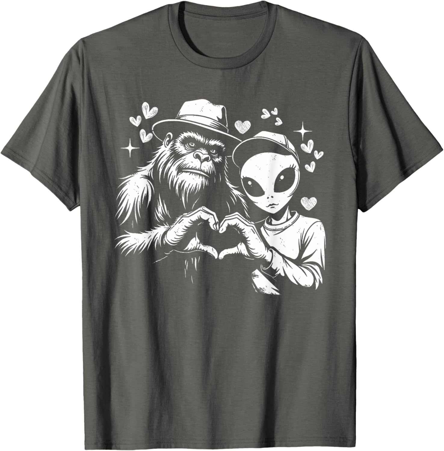 Funny Bigfoot and Alien Love Hand Sign T-Shirt for Unique Style - 5
