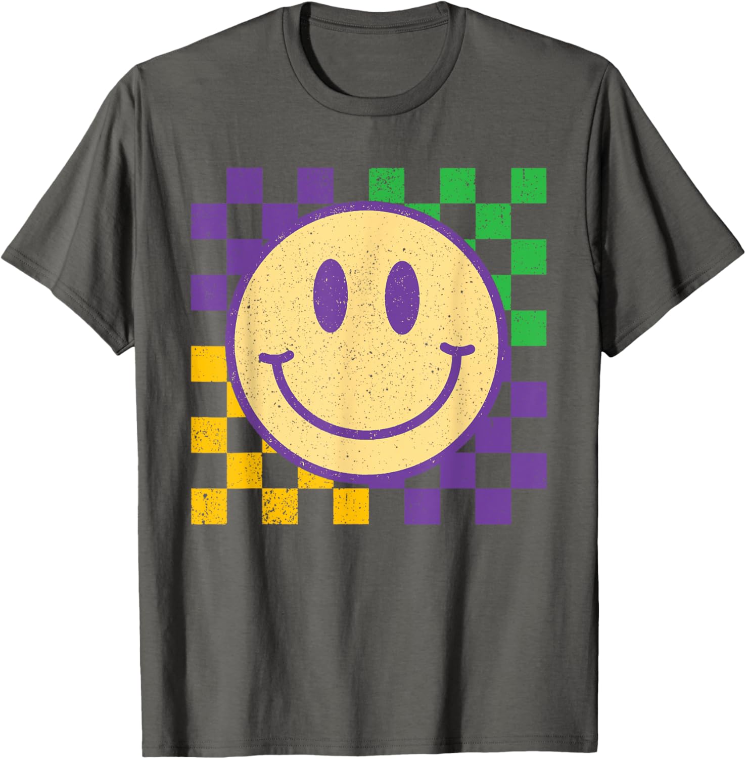 Groovy Mardi Gras Smile Face Checkered T-Shirt for Men, Women, Kids - 12