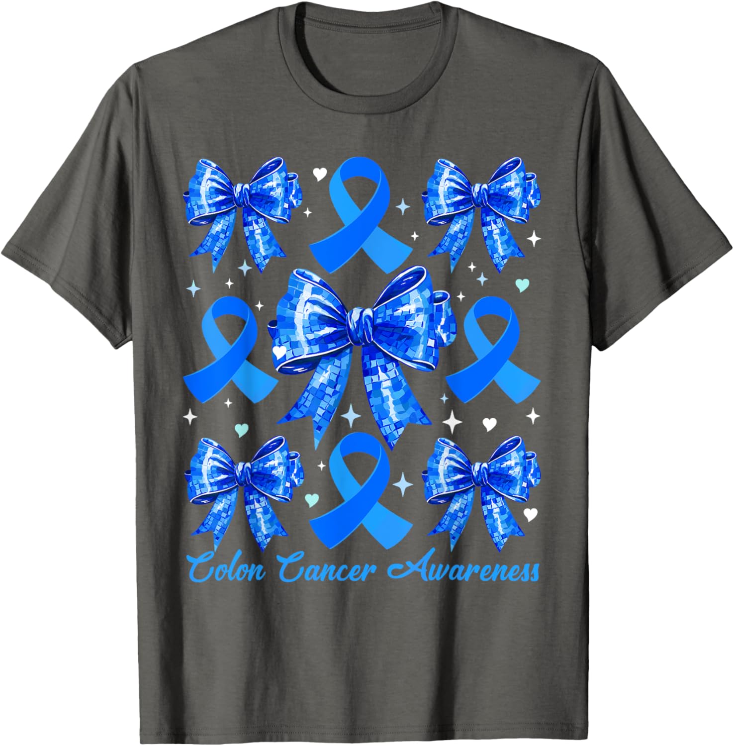 Retro Coquette Blue Ribbon T-Shirt for Women's Colon Cancer Awareness - 7