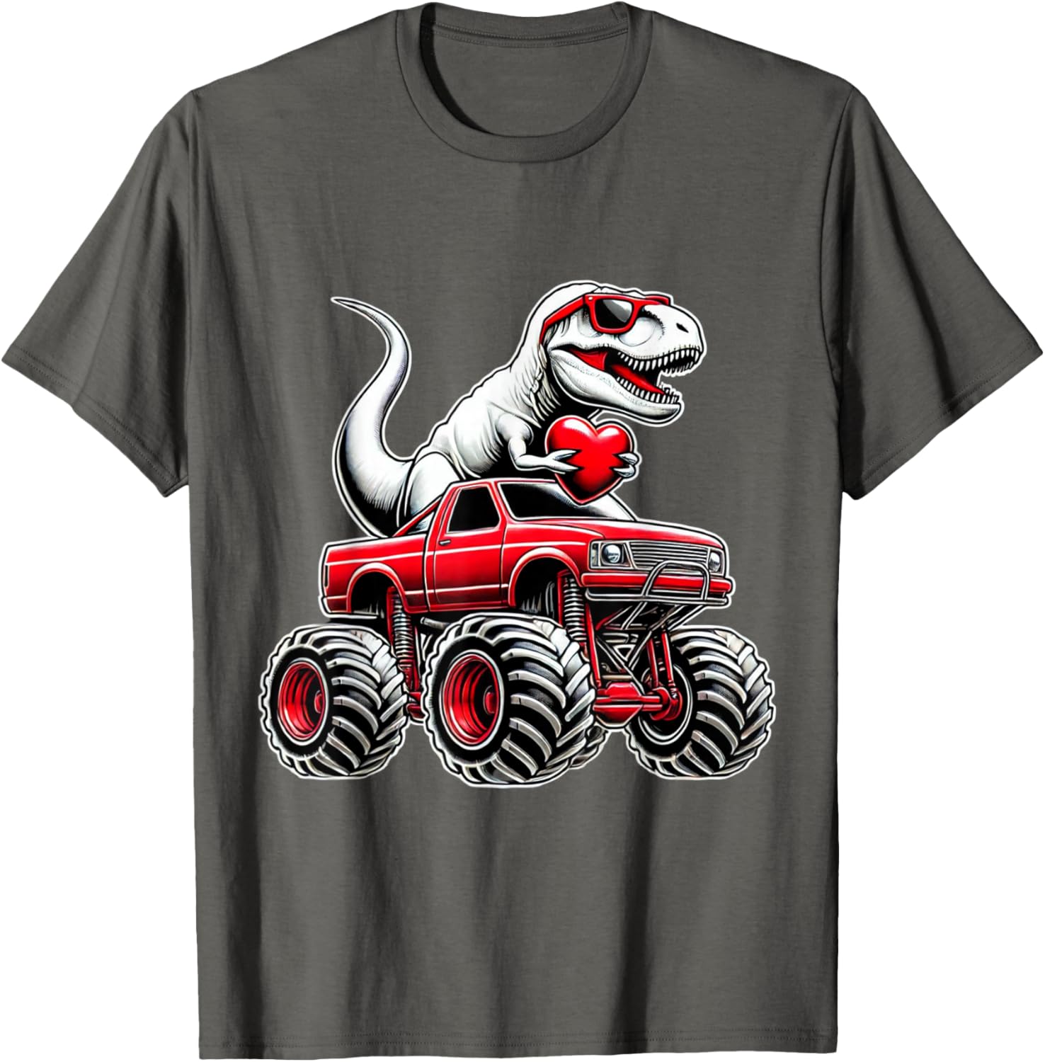 Funny T Rex Riding Monster Truck T-Shirt for Boys Celebrating Valentine's Day - 1