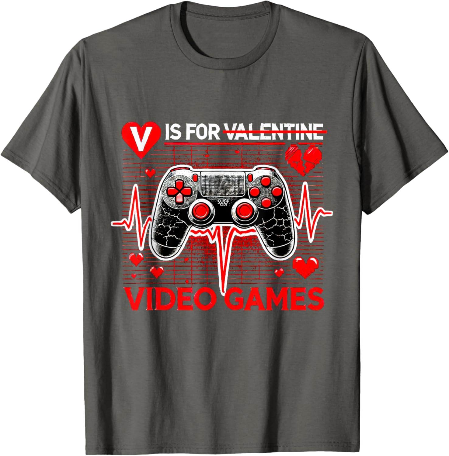 V Is For Video Games Heartbeat Valentine's Day T-Shirt for Gamers - 17