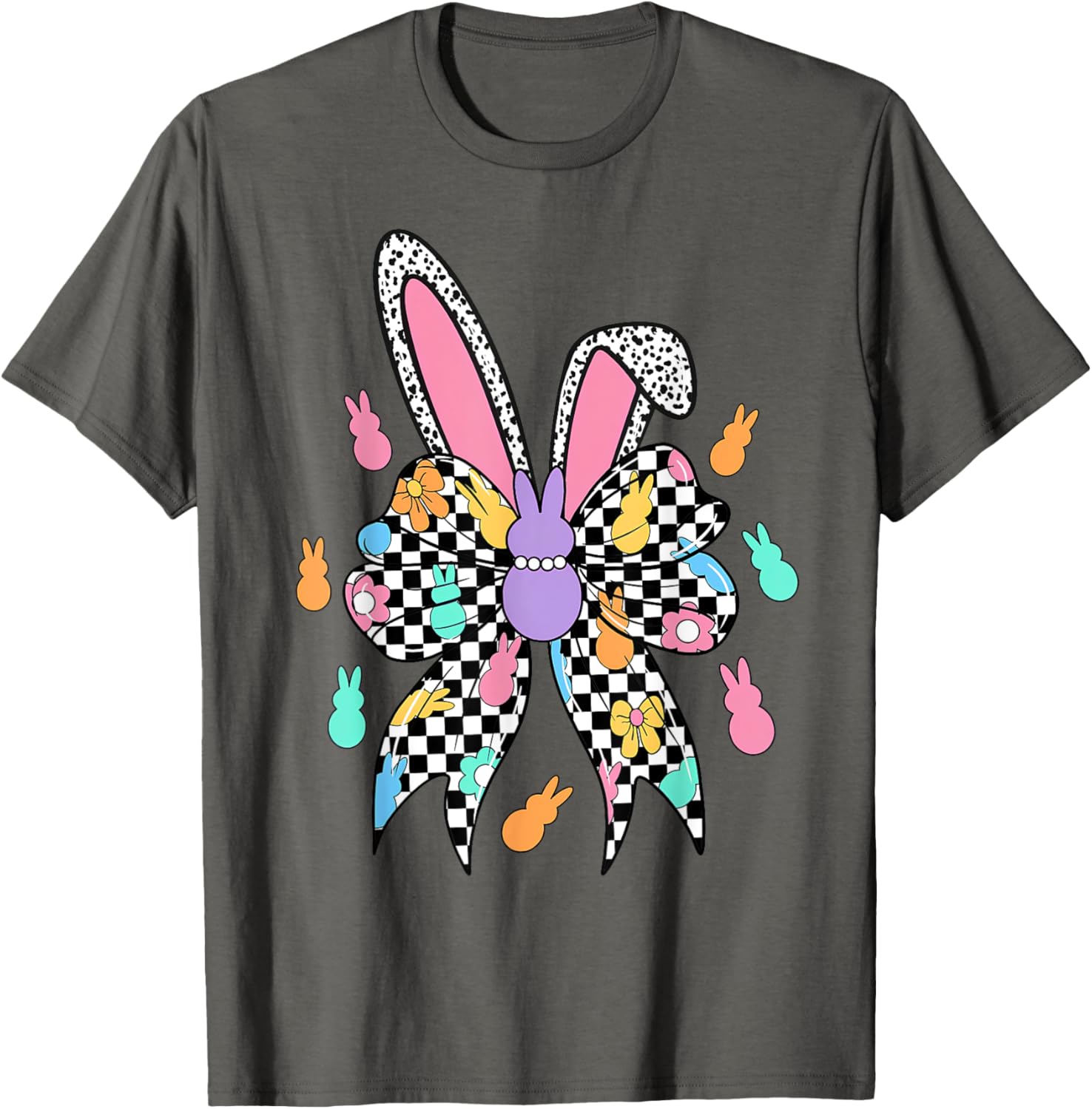 Happy Easter Checkered Bunny Bow Ears T-Shirt for Women and Girls - 15