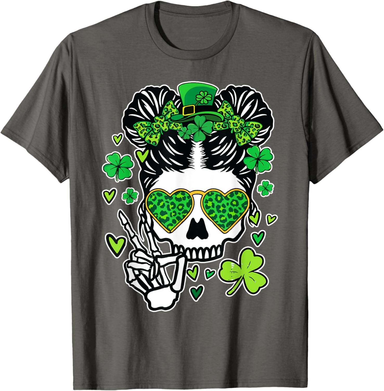 St Patrick's Day Skull Messy Bun Women’s T-Shirt for Festive Style - 7