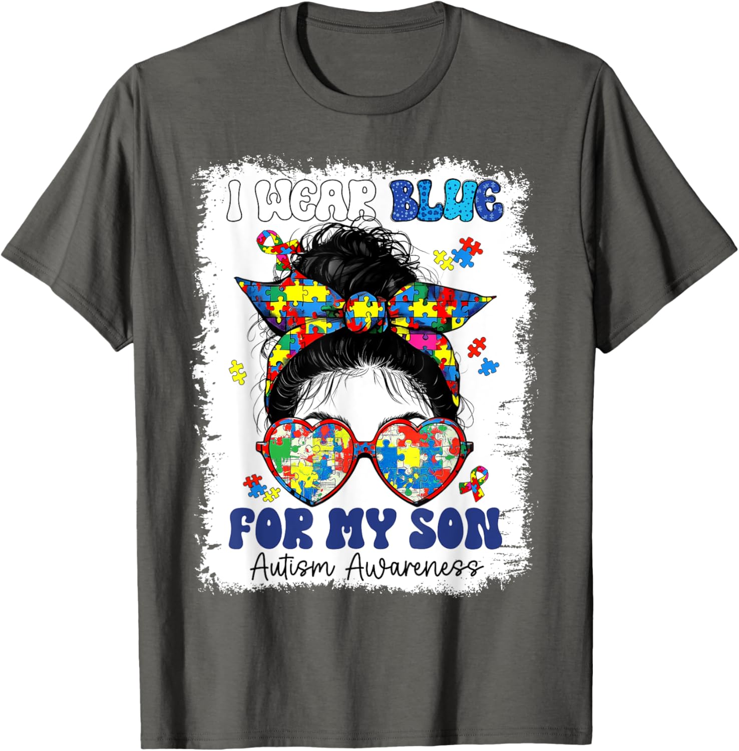 Mom Messy Bun Autism Awareness Puzzle T-Shirt for Proud Mothers - 3