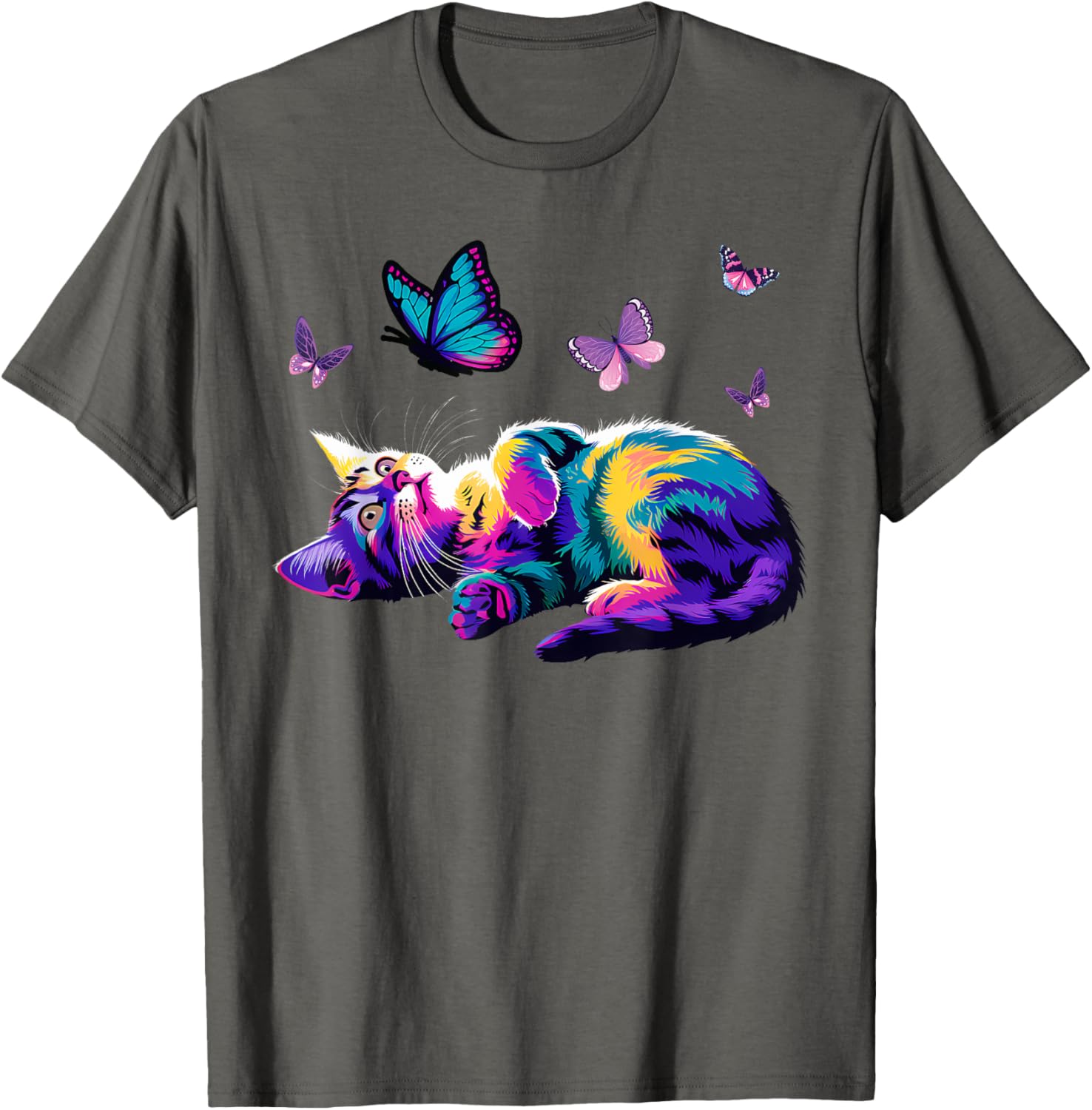 Colorful Cute Cat Playing with Butterfly T-Shirt for Cat Lovers Kids and Adults - 2