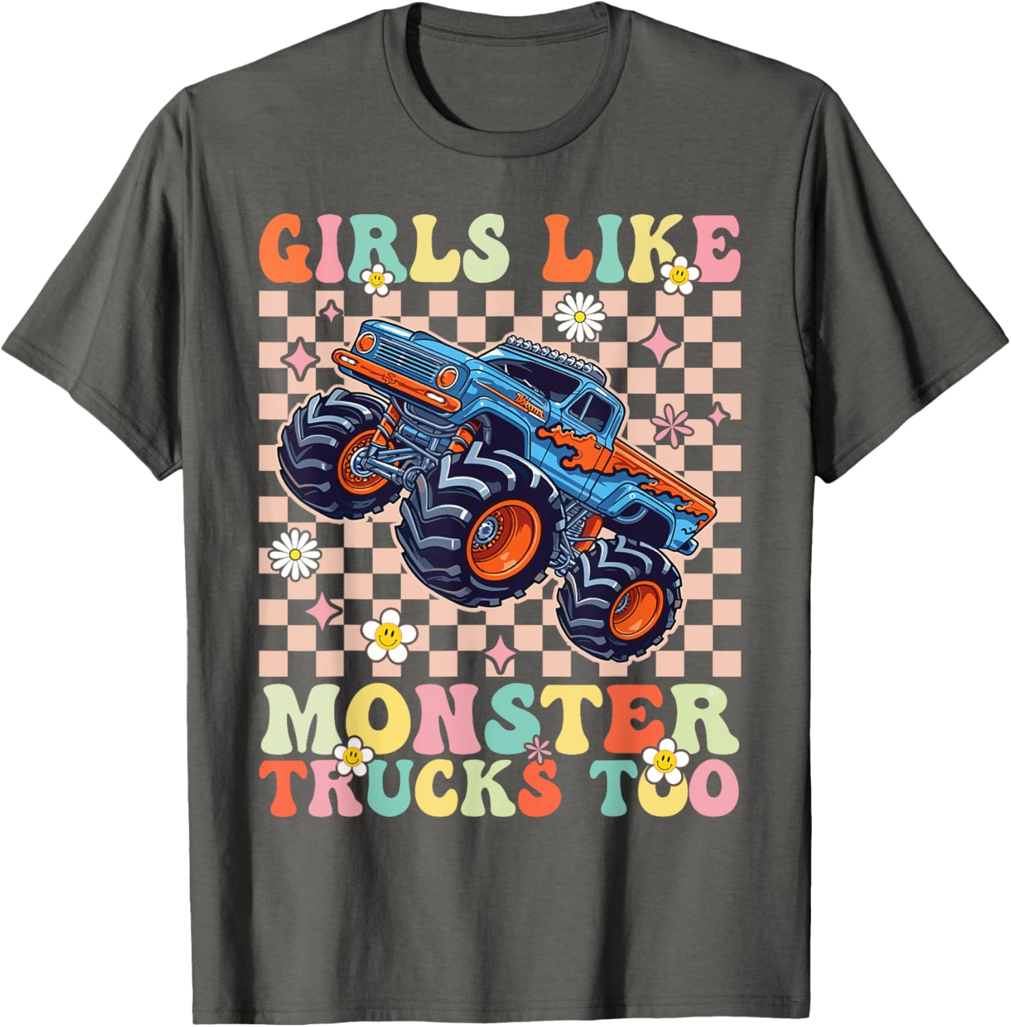 Funny Girls Love Monster Trucks Too Pink T-Shirt for Kids and Teens - 2