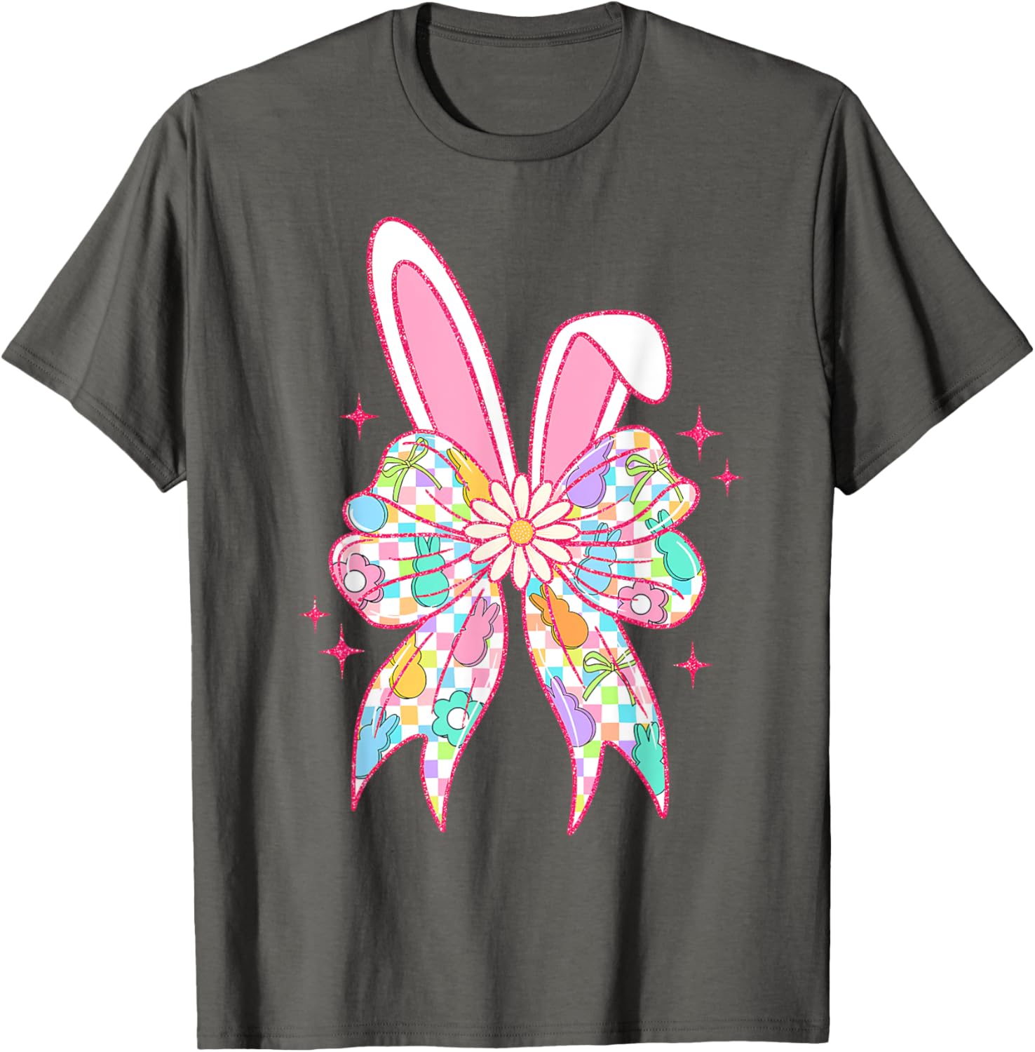 Groovy Checkered Bunny Bow Ears T-Shirt for Girls and Teens - 13