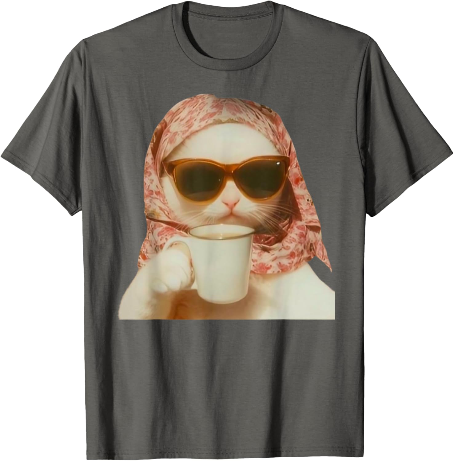 Funny Cat with Glasses and Headscarf Holding Cup T-Shirt for All Ages - 5
