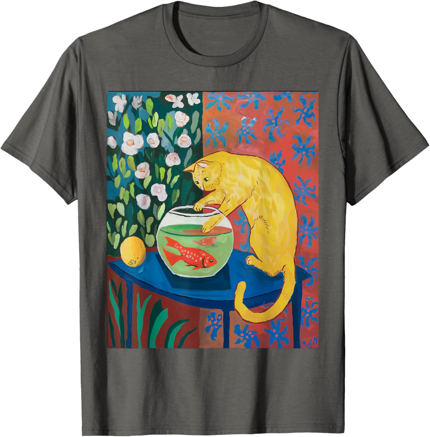 Vintage Matisse Cat T-Shirt with Red Fishes Fun Retro Style Apparel - 2