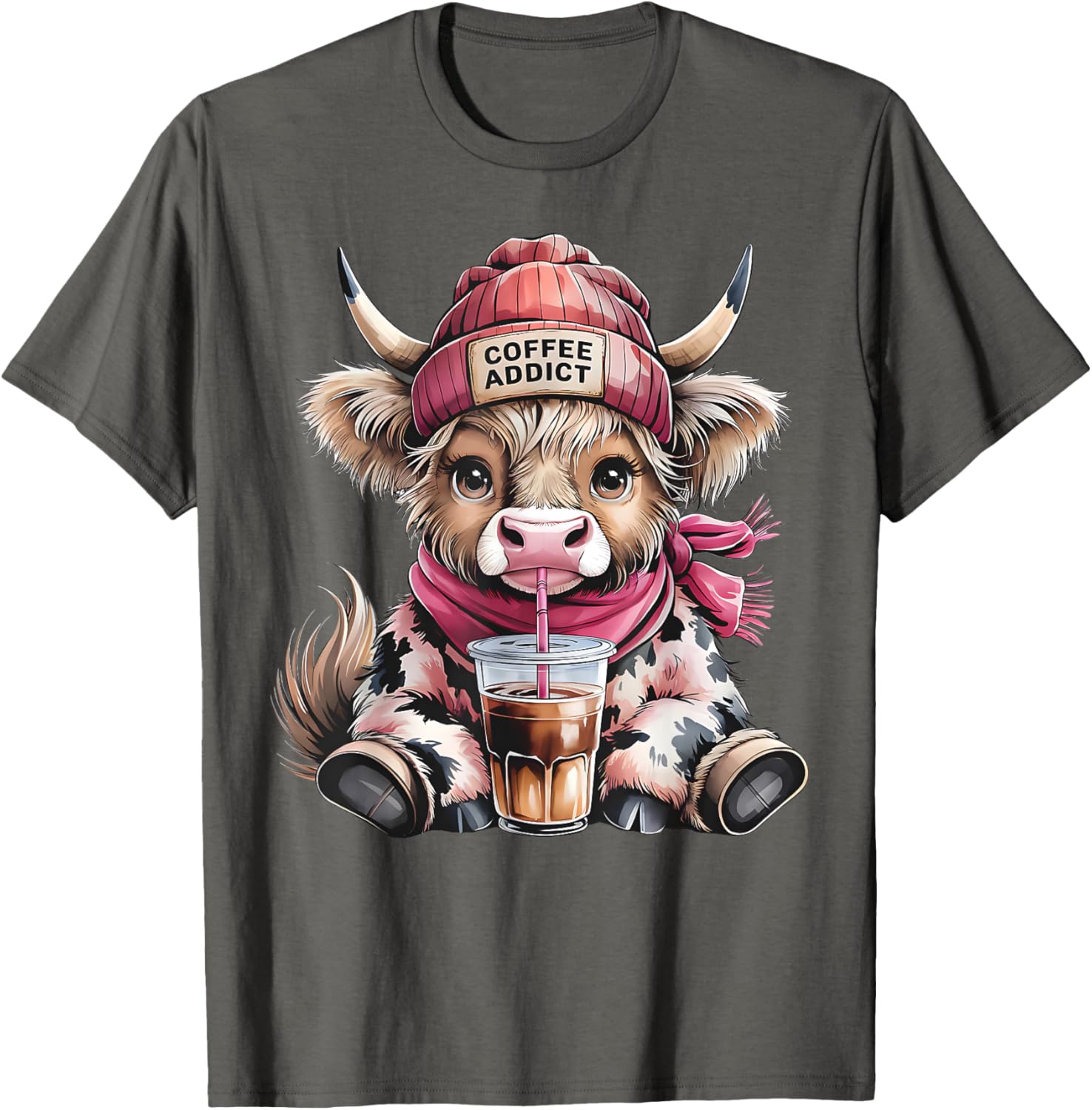 Cute Highland Cow Coffee Addict T-Shirt for Women with Beanie Hat - 19