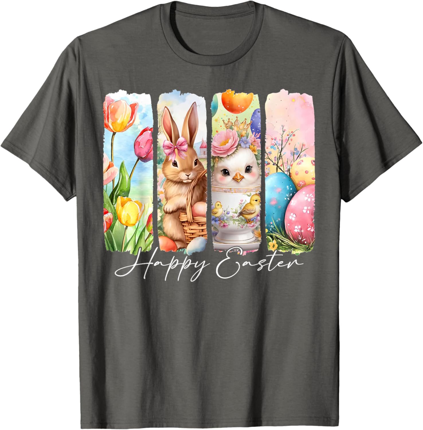 Retro Bunny and Chick Happy Easter T-Shirt with Floral Design - 1