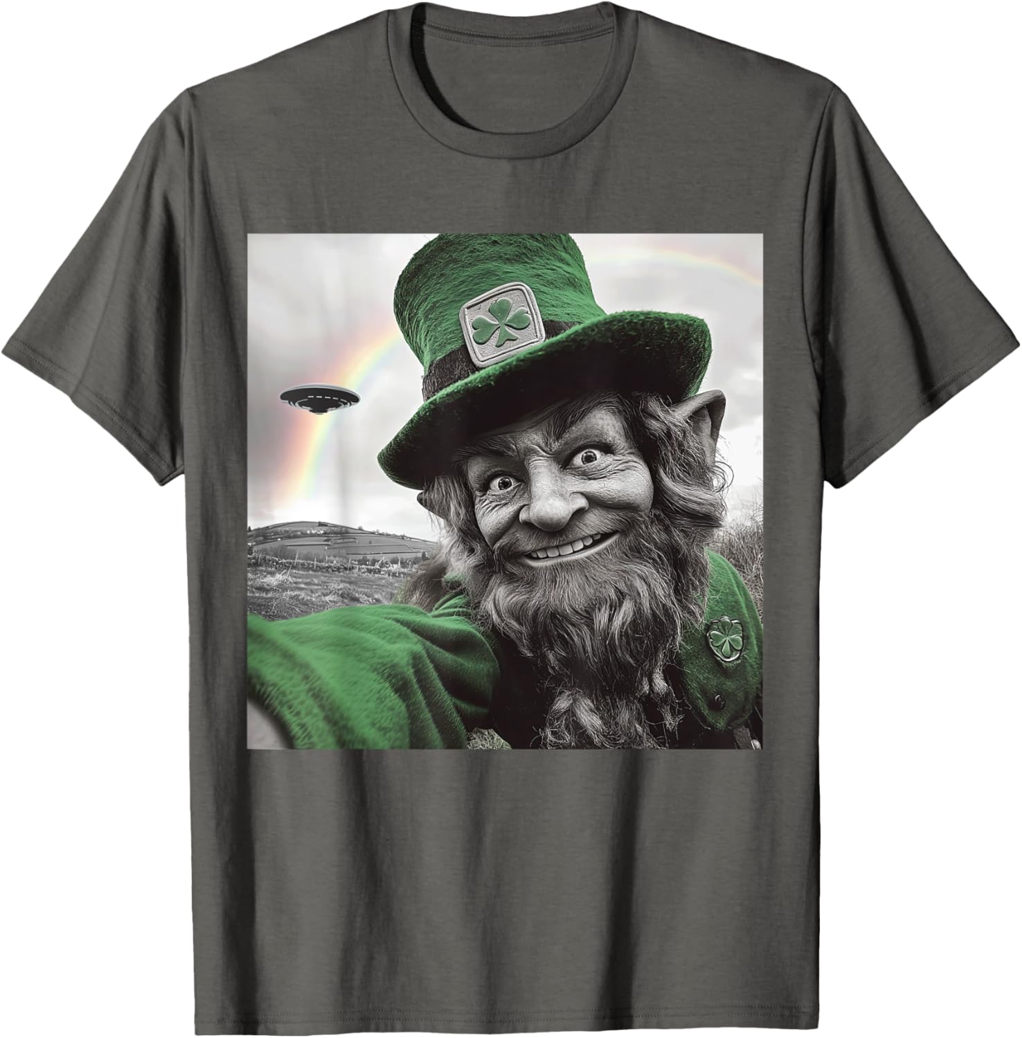 Funny St Patricks Day Rainbow Leprechaun UFO Selfie T-Shirt for Everyone - 3