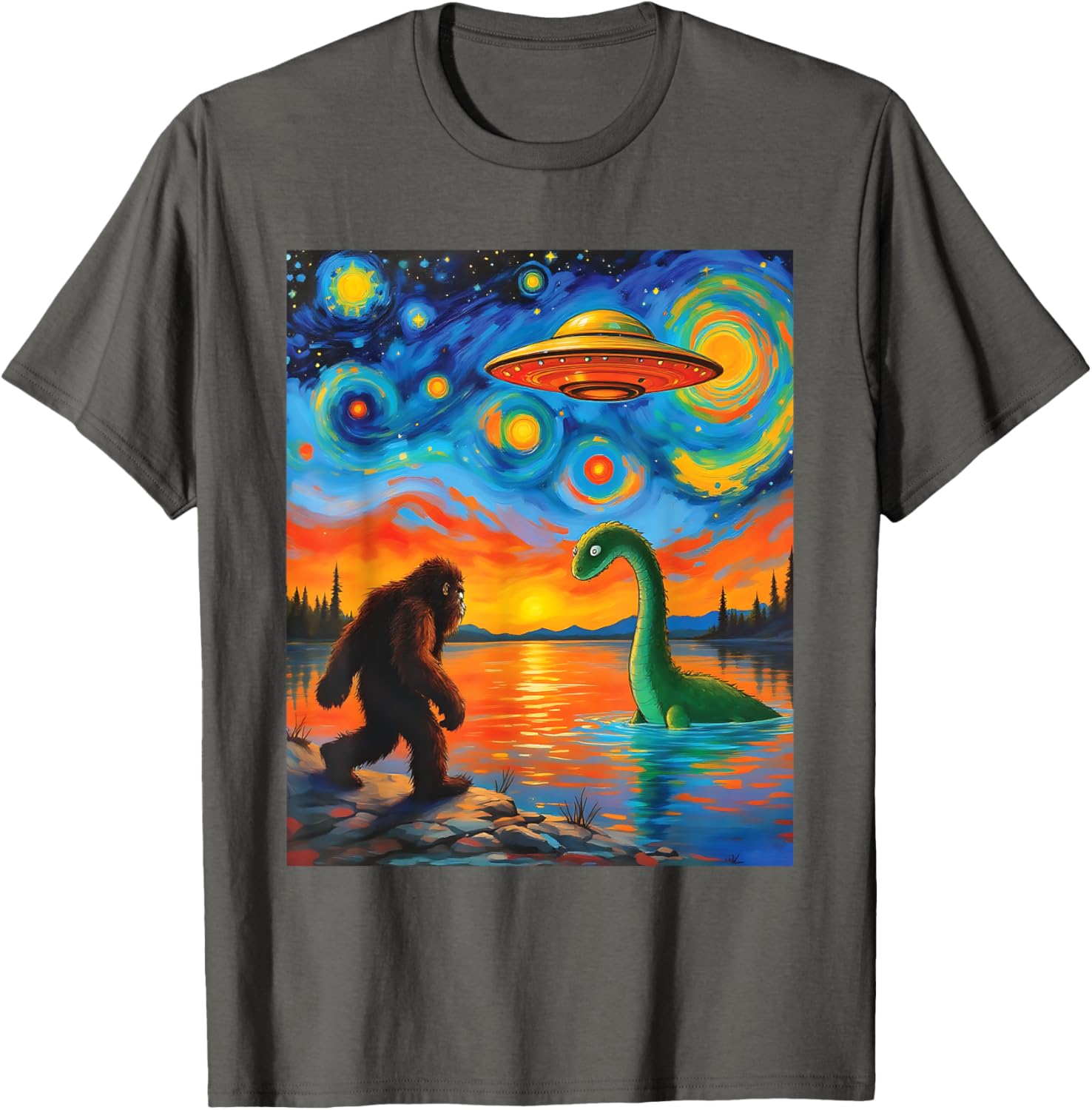 Bigfoot UFO Alien Encounter T-Shirt Inspired by Van Gogh's Starry Night - 11
