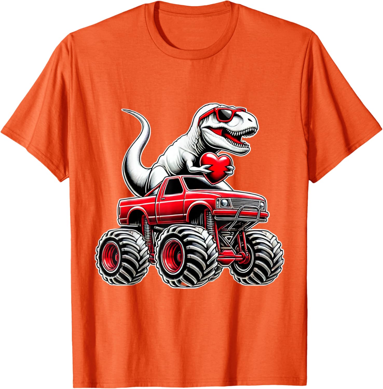 Funny T Rex Riding Monster Truck T-Shirt for Boys Celebrating Valentine's Day - 17