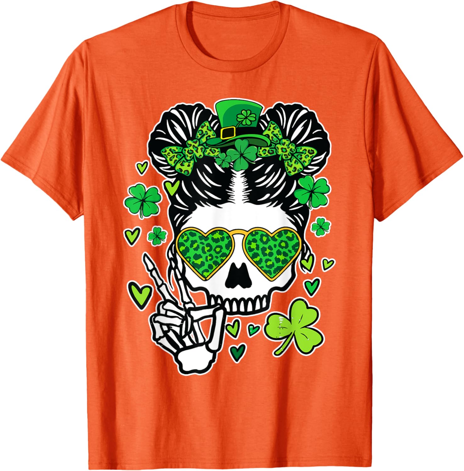 St Patrick's Day Skull Messy Bun Women’s T-Shirt for Festive Style - 19