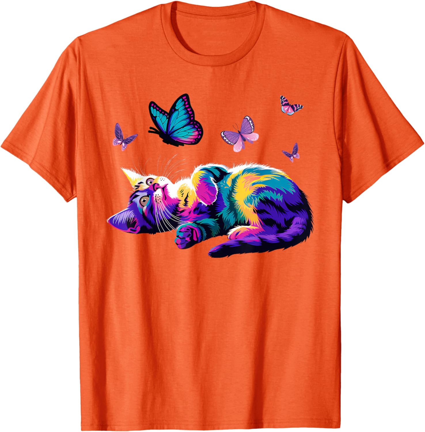 Colorful Cute Cat Playing with Butterfly T-Shirt for Cat Lovers Kids and Adults - 14