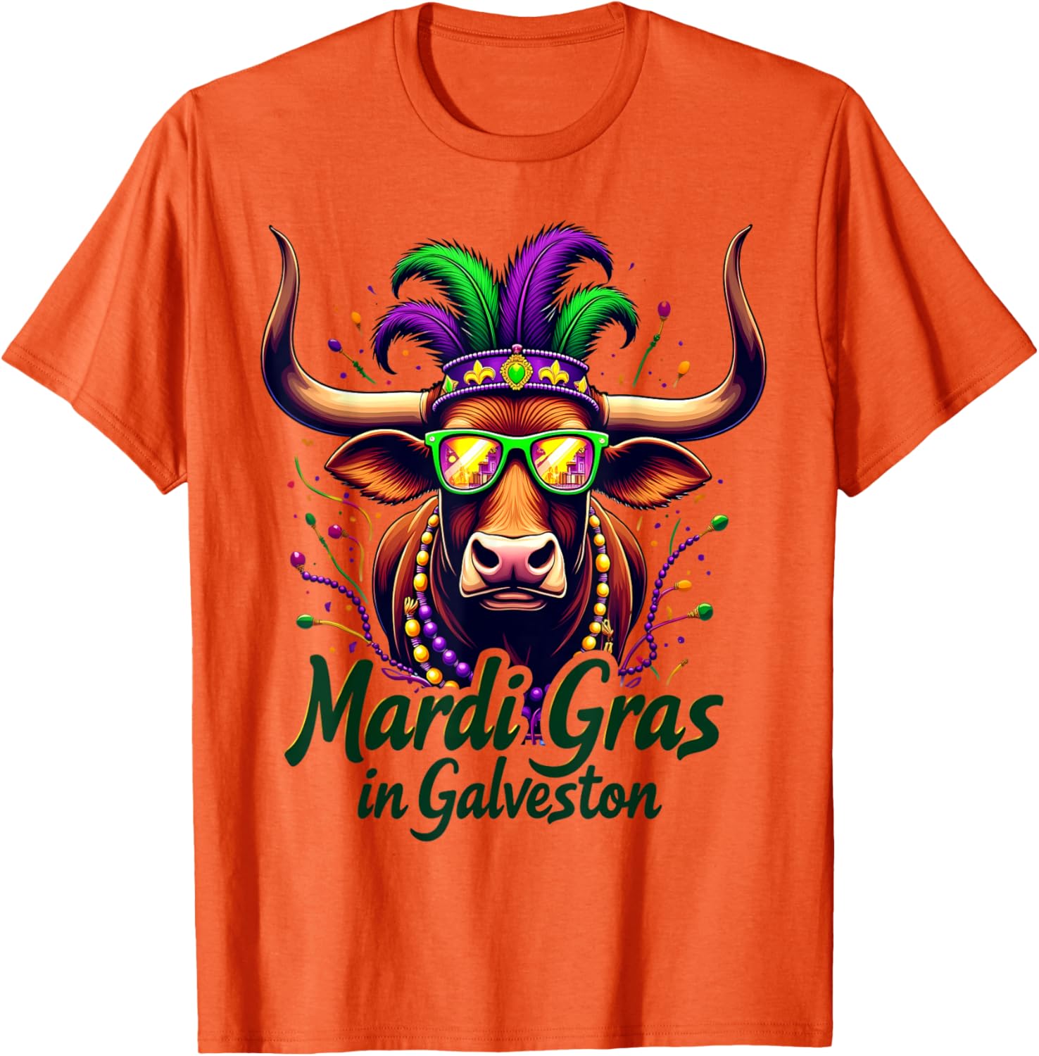 Mardi Gras Beads Galveston Cow Longhorn Texas T-Shirt for Festive Fun - 3