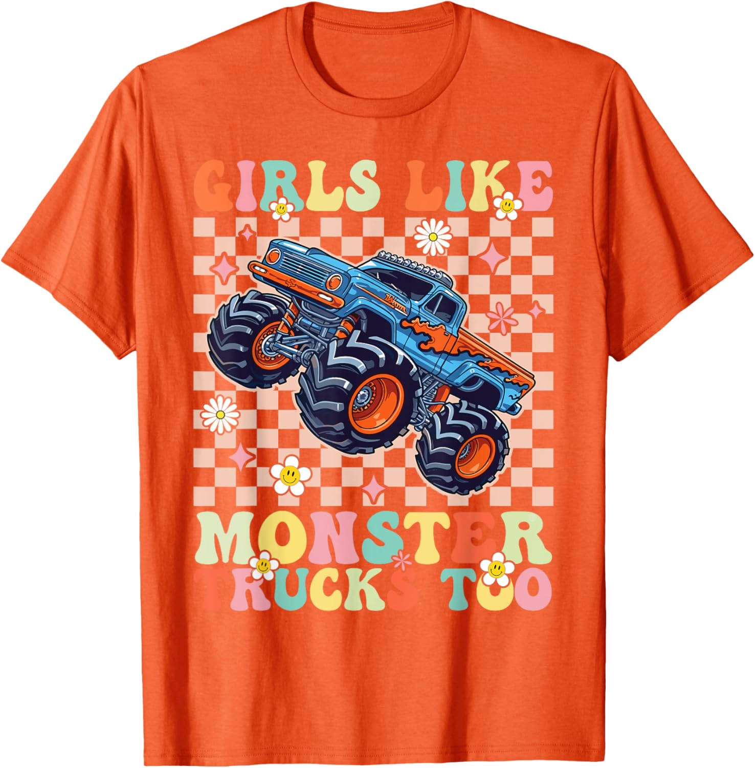 Funny Girls Love Monster Trucks Too Pink T-Shirt for Kids and Teens - 16