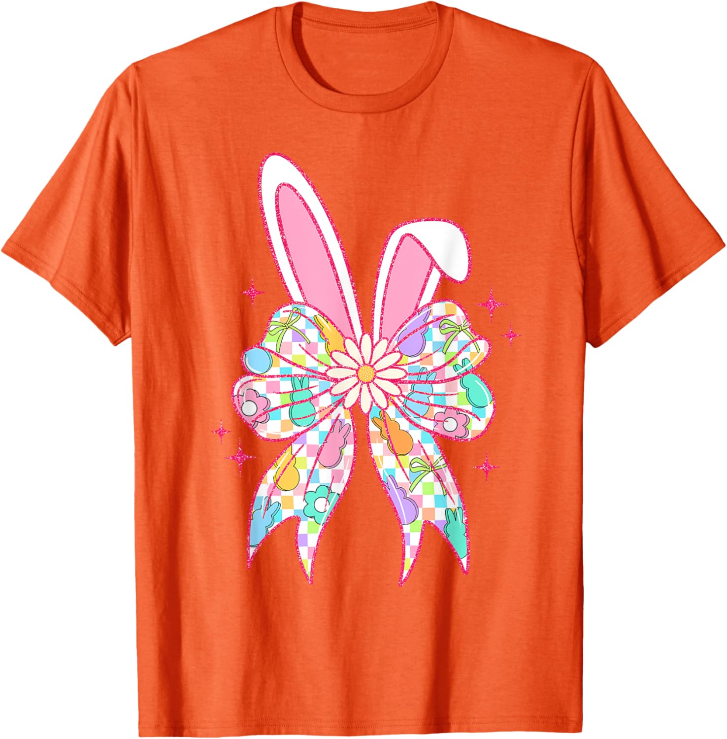 Groovy Checkered Bunny Bow Ears T-Shirt for Girls and Teens - 8