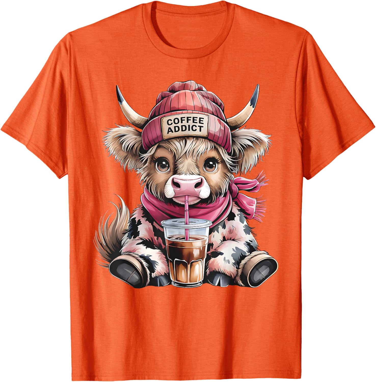 Cute Highland Cow Coffee Addict T-Shirt for Women with Beanie Hat - 4