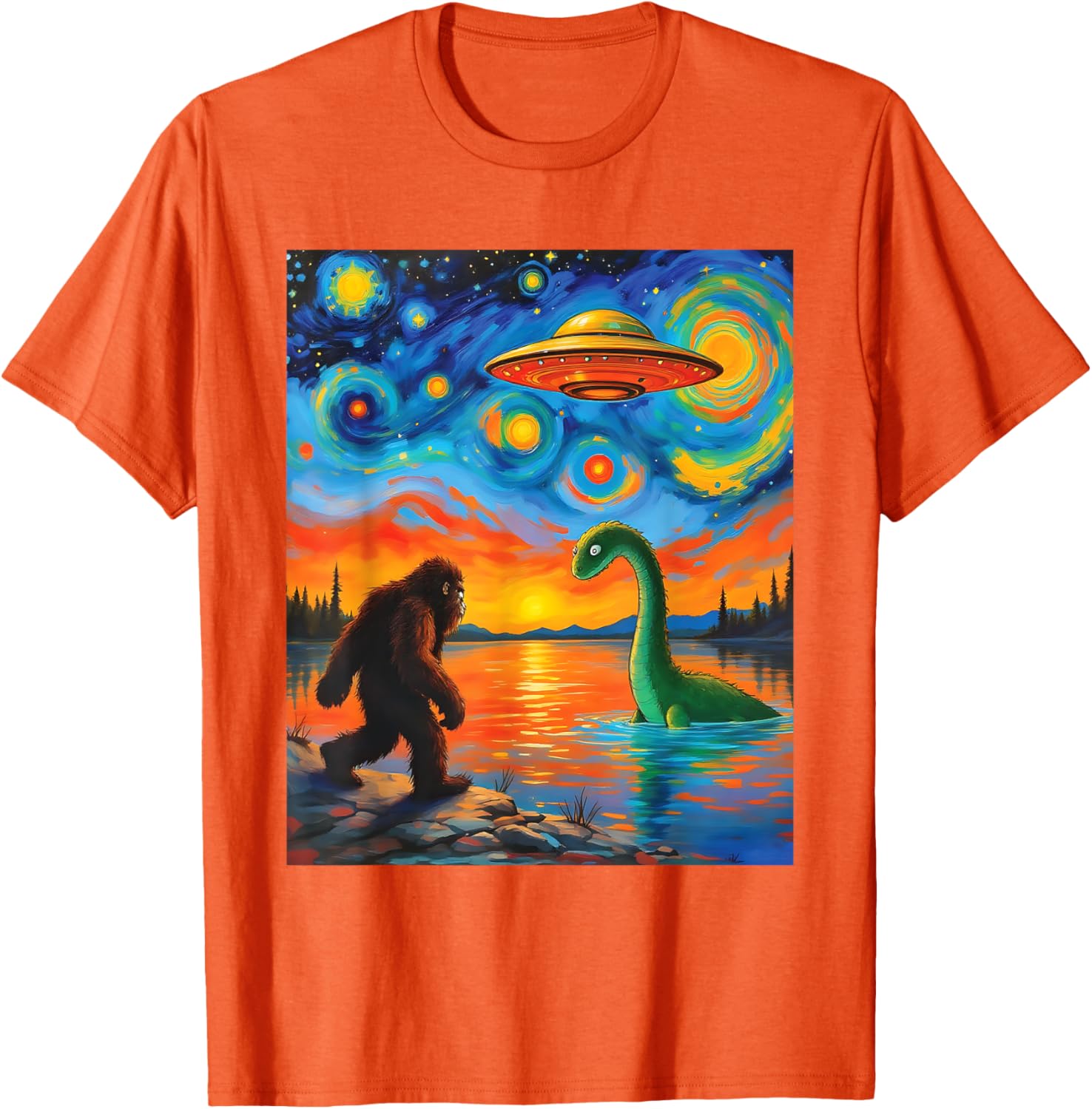 Bigfoot UFO Alien Encounter T-Shirt Inspired by Van Gogh's Starry Night - 10
