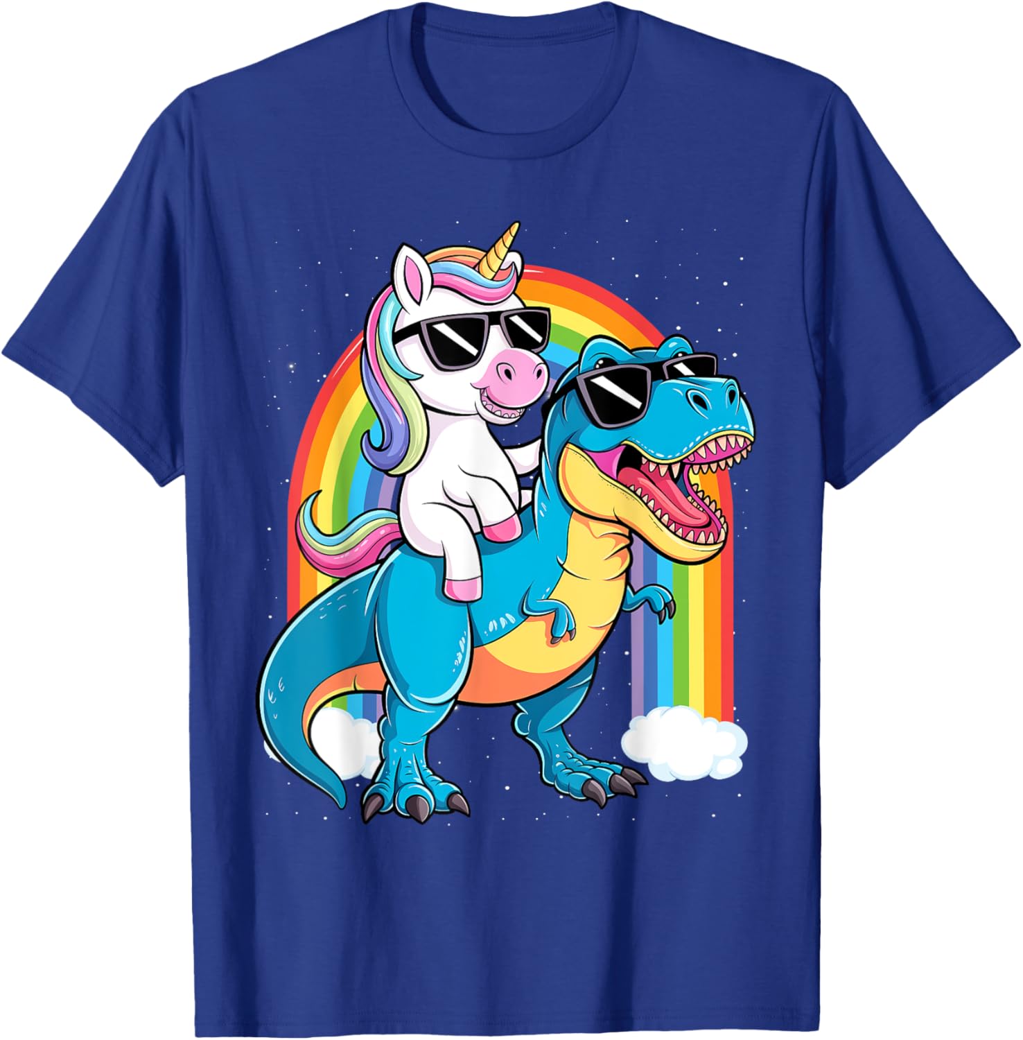 Unicorn Riding T Rex Dinosaur T-Shirt for Kids and Adults Fun Tee - 1