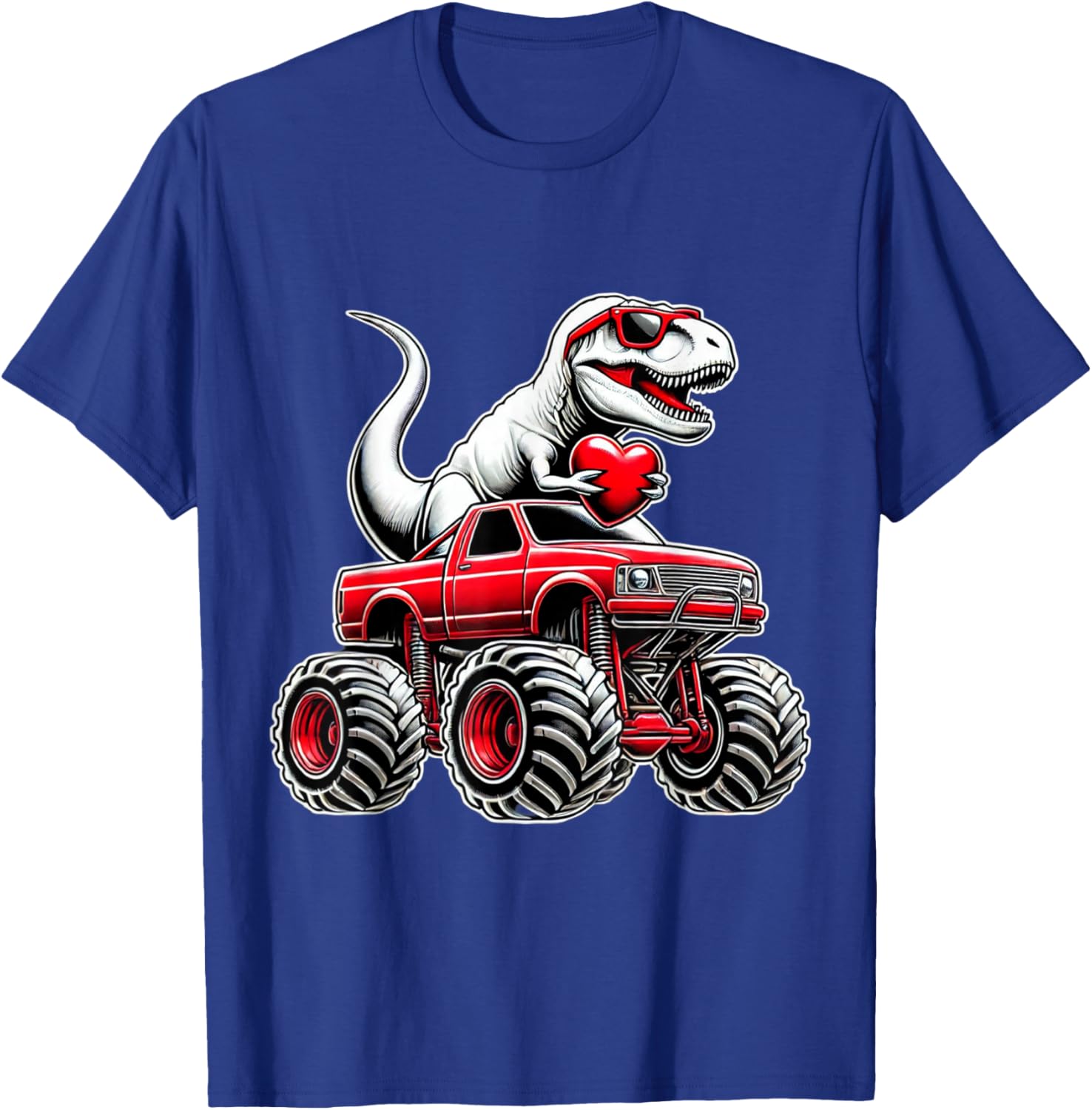 Funny T Rex Riding Monster Truck T-Shirt for Boys Celebrating Valentine's Day - 11