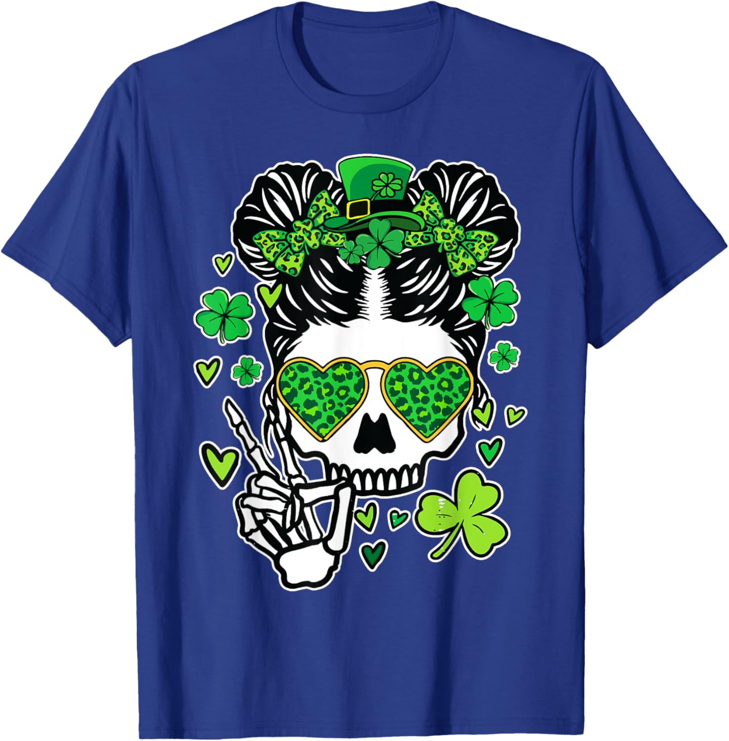 St Patrick's Day Skull Messy Bun Women’s T-Shirt for Festive Style - 26