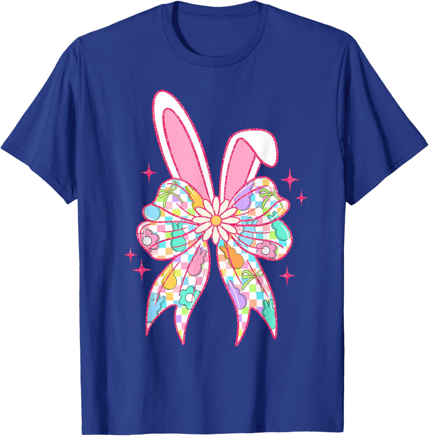 Groovy Checkered Bunny Bow Ears T-Shirt for Girls and Teens - 5