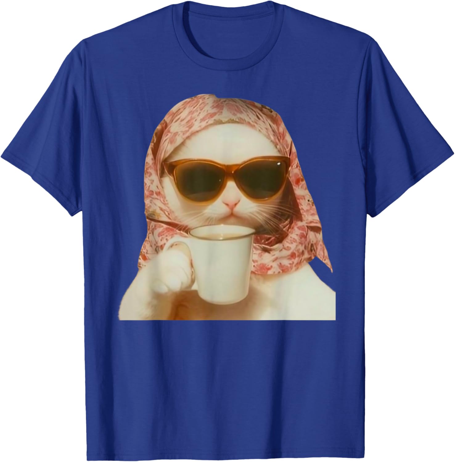 Funny Cat with Glasses and Headscarf Holding Cup T-Shirt for All Ages - 10